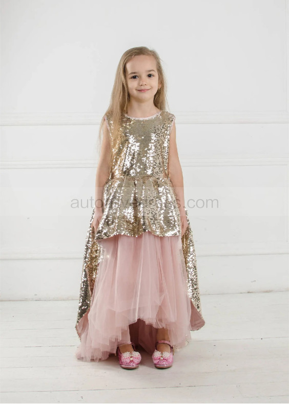 Gold Sequins Blush Pink Tulle High Low Flower Girl Dress